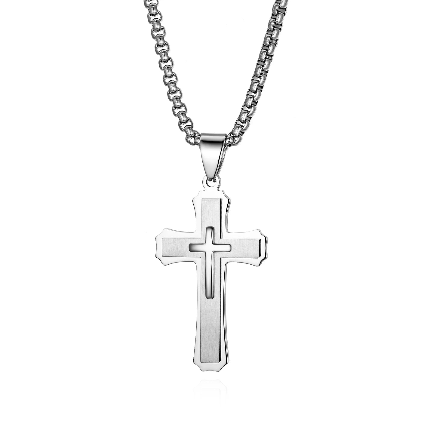 Stainless Steel Silver Color Men's Easter Cross Necklace