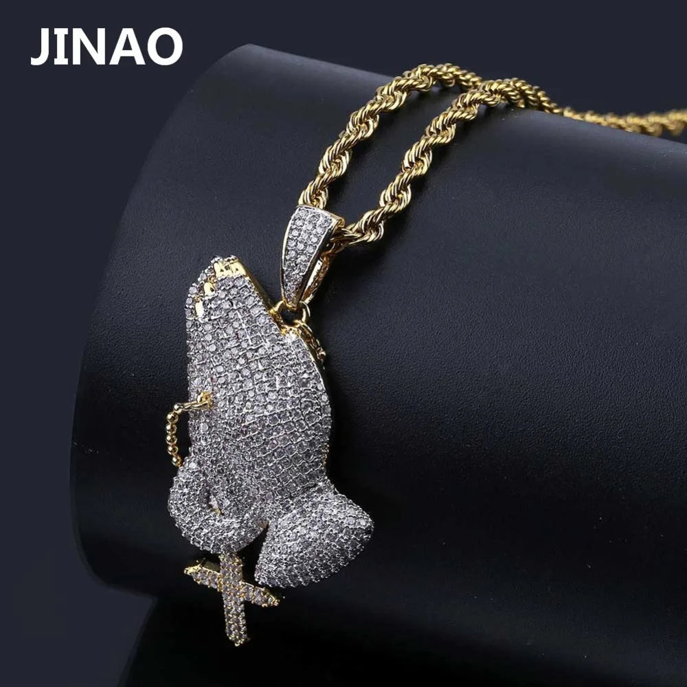 Virgin Mary Chain Praying Hand Pendant Necklace