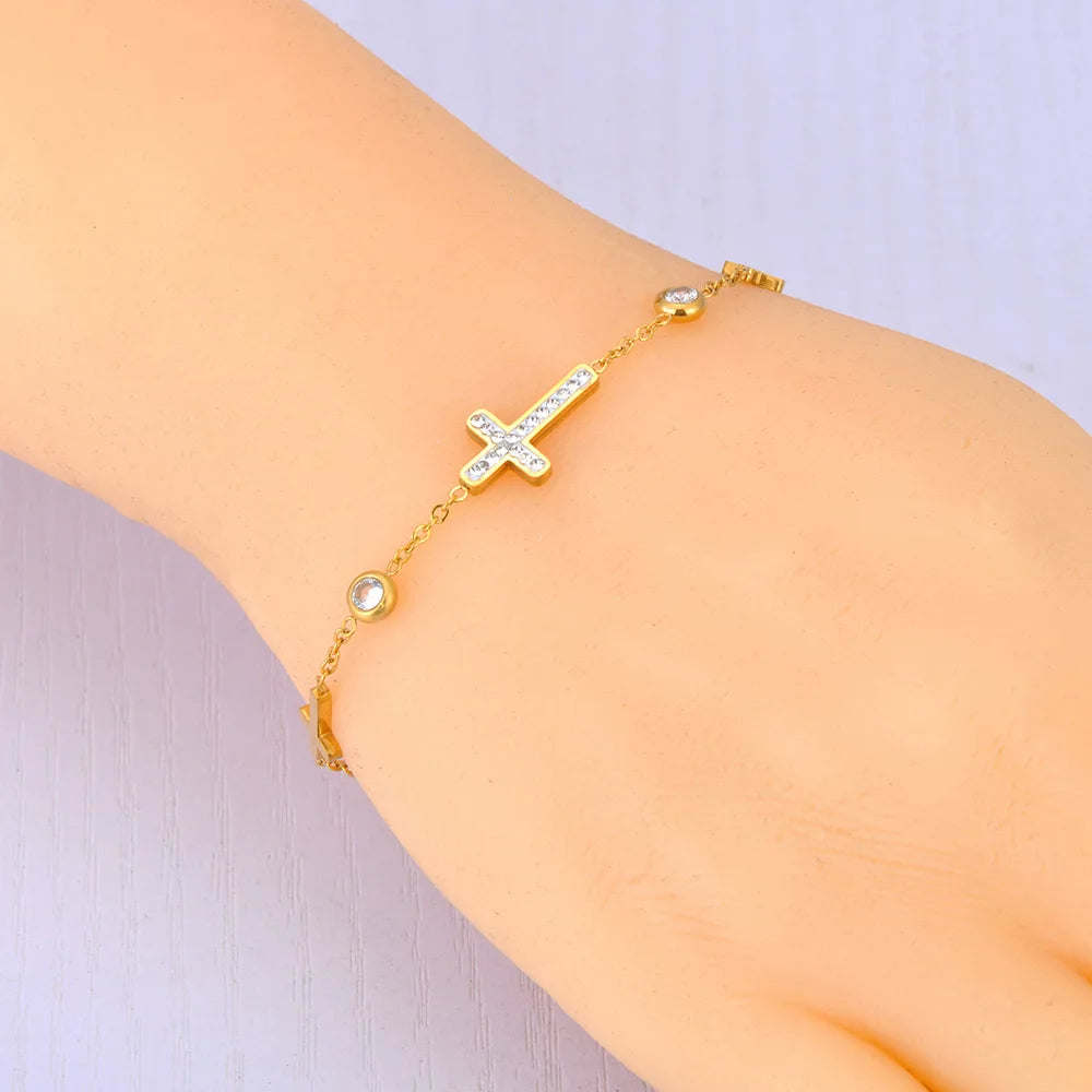 Stainless Steel Cubic Zirconia Cross Charm Bracelet