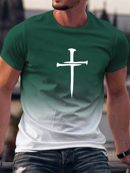 Christian Cross Pattern Print Men's Comfy O-Neck T-shirt