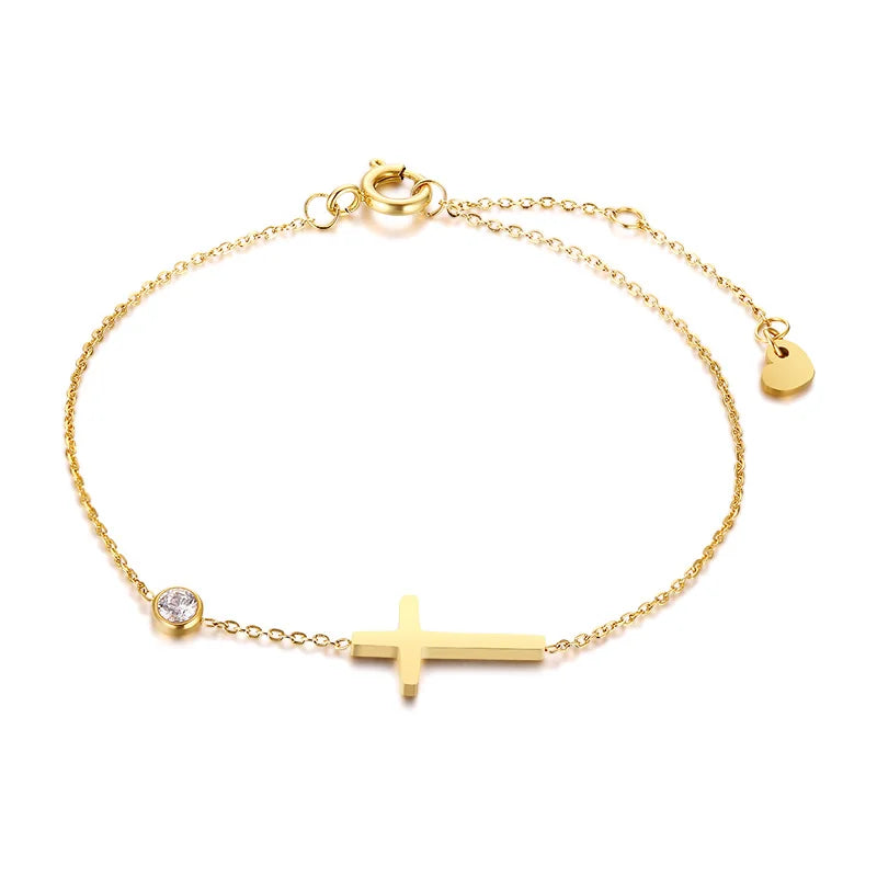 Birthstone Zirconia Thin Chain Link Cross Bracelet