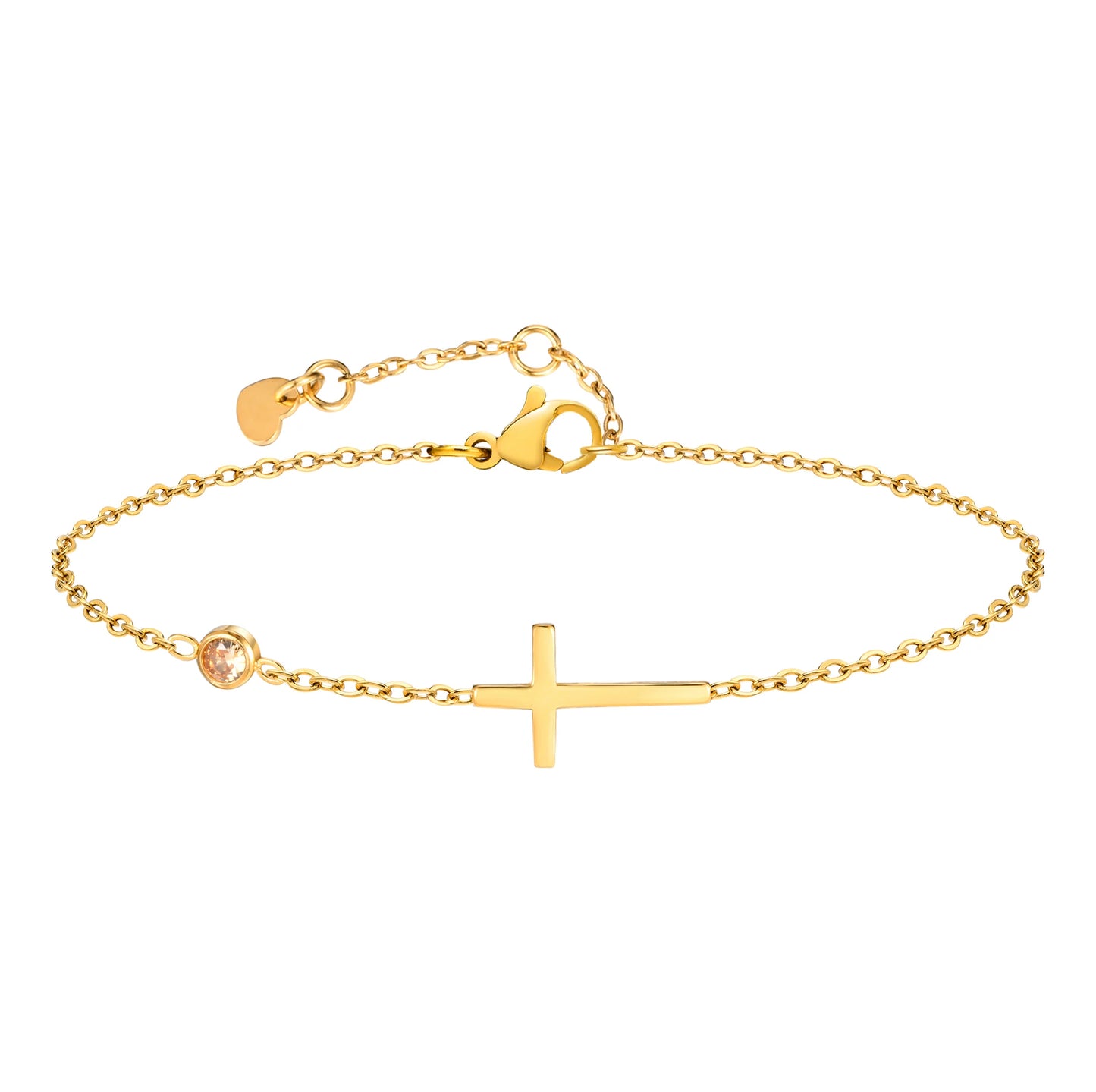 Birthstone Zirconia Thin Chain Link Cross Bracelet