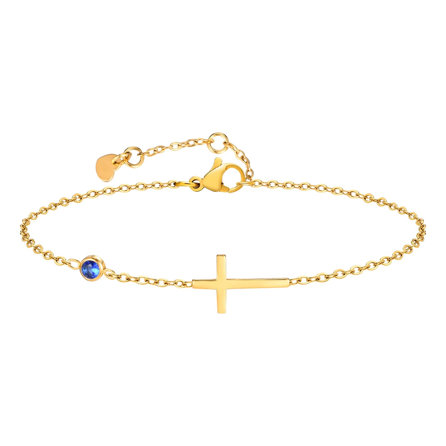 Birthstone Zirconia Thin Chain Link Cross Bracelet