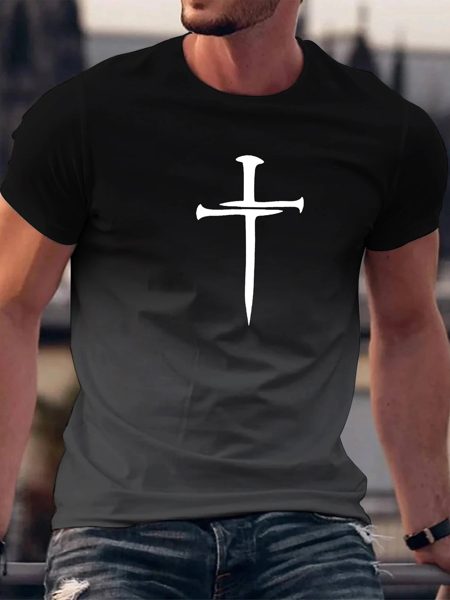 Christian Cross Pattern Print Men's Comfy O-Neck T-shirt