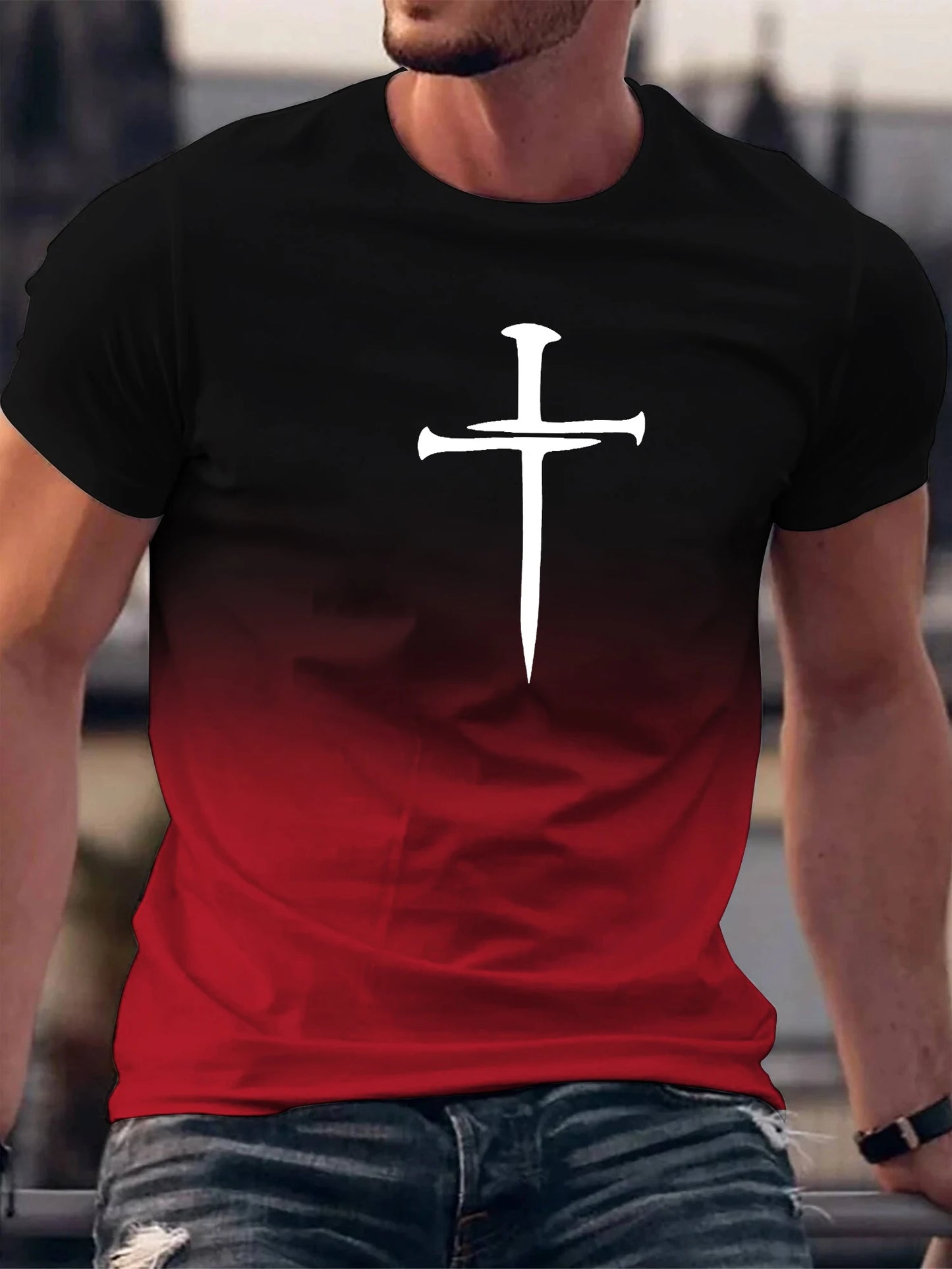 Christian Cross Pattern Print Men's Comfy O-Neck T-shirt