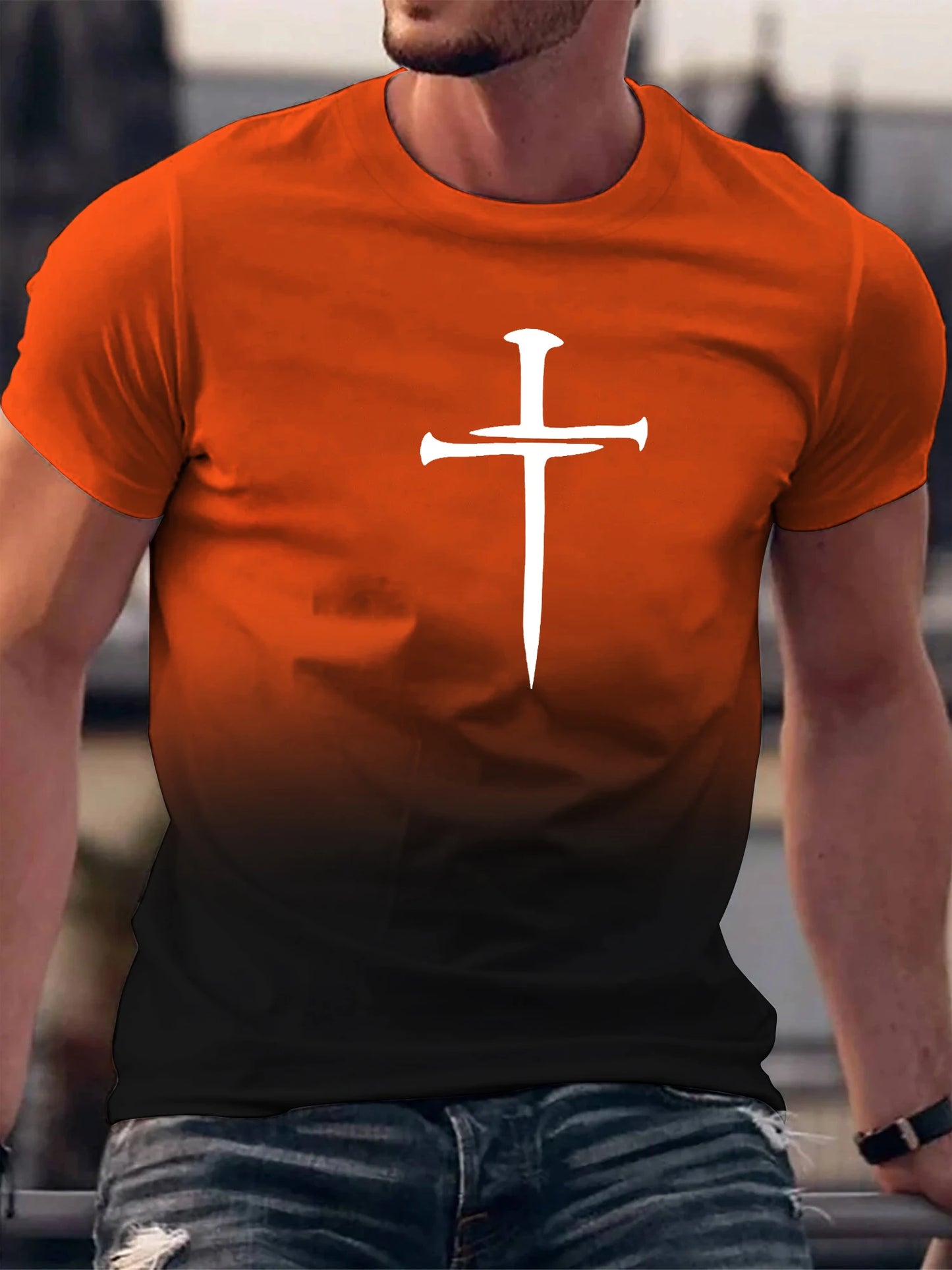 Christian Cross Pattern Print Men's Comfy O-Neck T-shirt