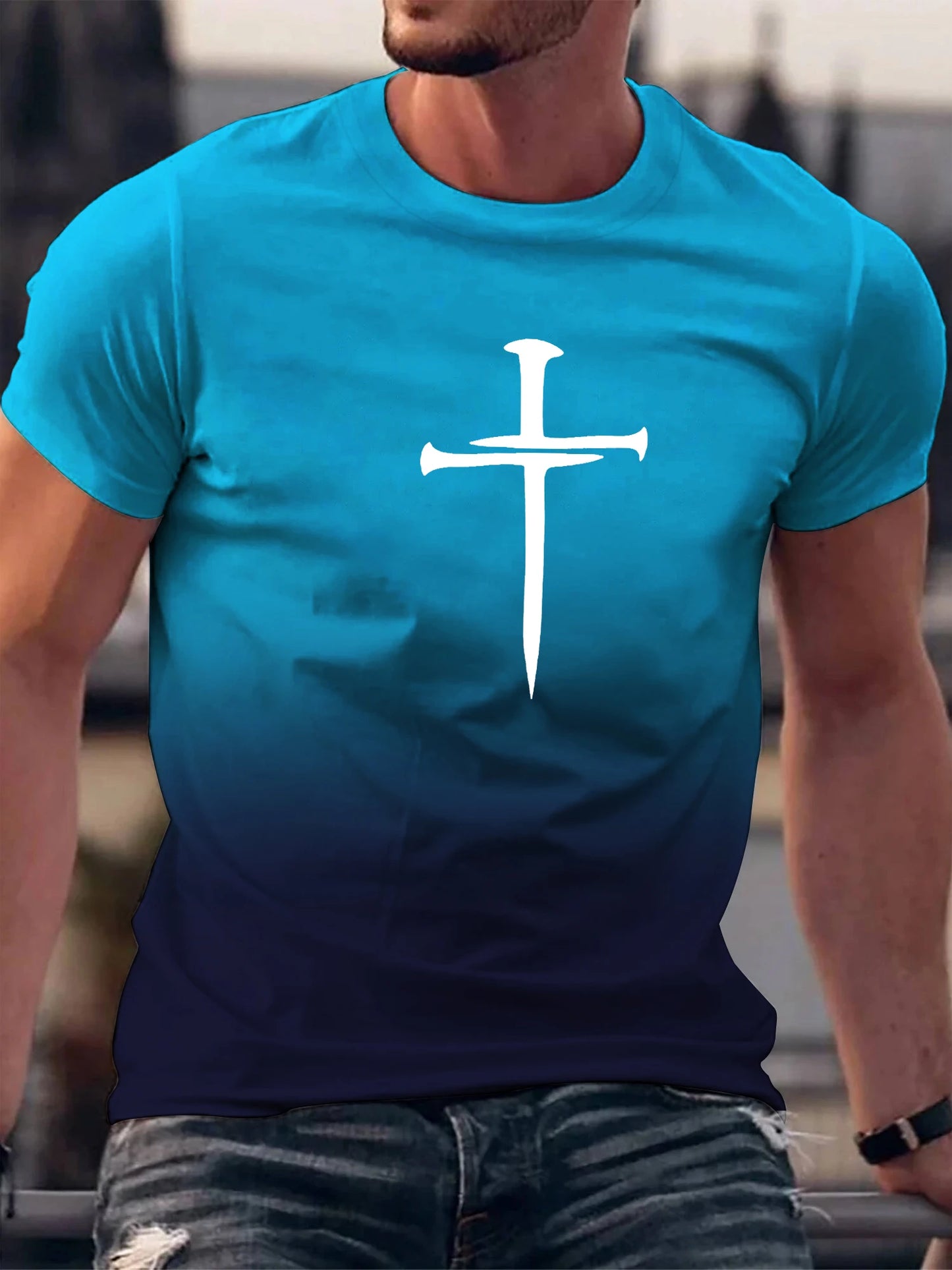 Christian Cross Pattern Print Men's Comfy O-Neck T-shirt