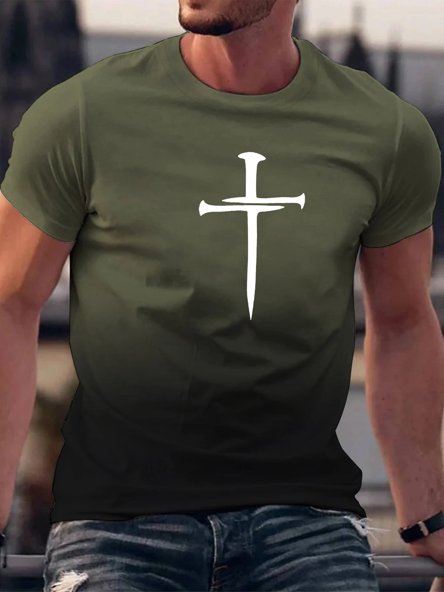 Christian Cross Pattern Print Men's Comfy O-Neck T-shirt